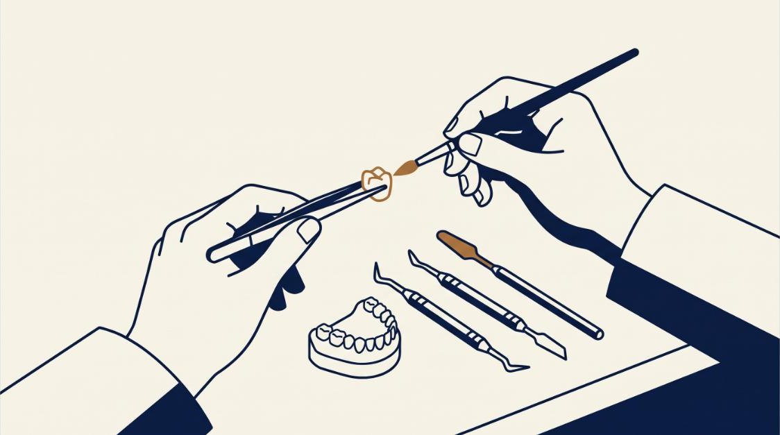 Illustration of two hands at a dental laboratory bench, one steadying a ceramic crown with tweezers while the other applies porcelain with a fine brush, with hand instruments and a plaster model laid out beside them