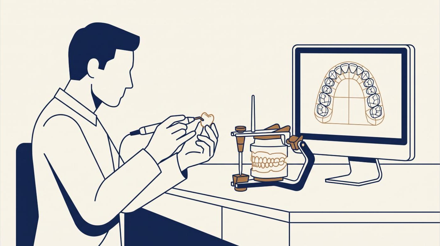 Illustration of a technician at the bench shaping a crown by hand, with a plaster model mounted on an articulator beside him and a digital scan of the arch on the monitor