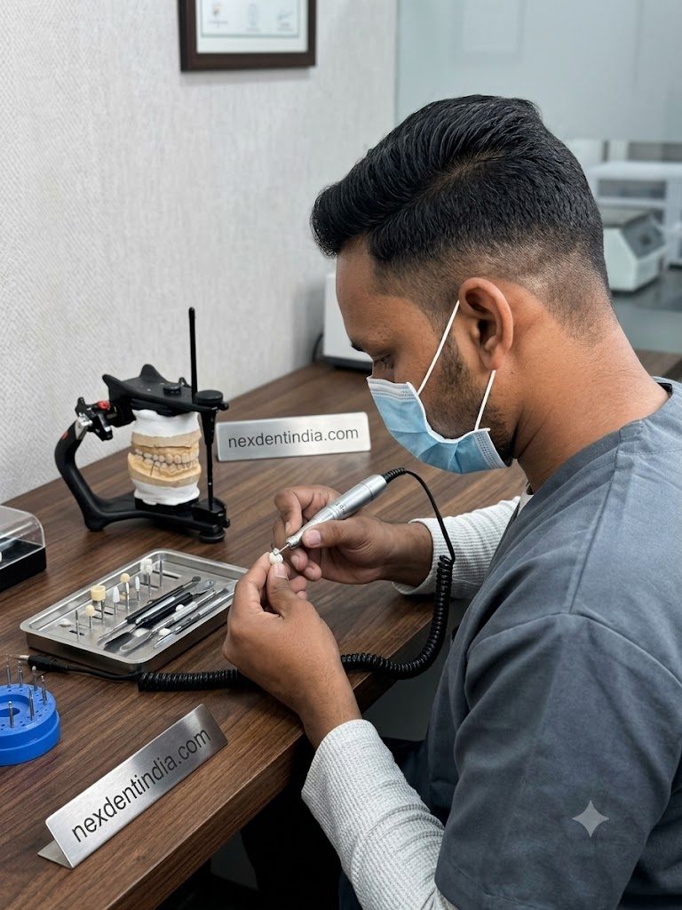 A ceramist shaping a single crown by hand with a fine handpiece at the bench
