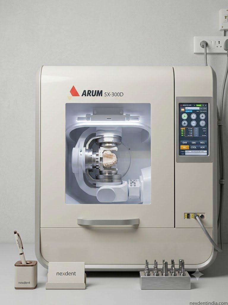 An Arum 5X-300D five axis milling machine with a disc mounted inside the chamber