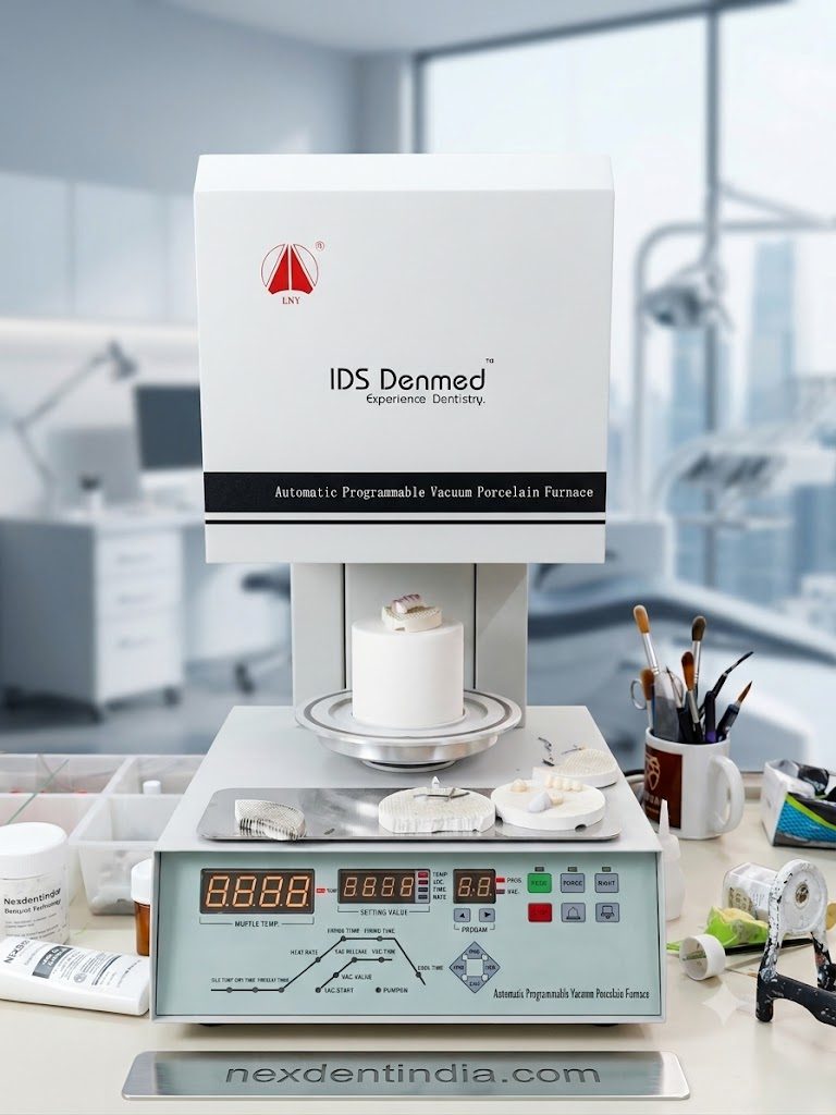 The programmable vacuum porcelain furnace with firing trays and units in front of it