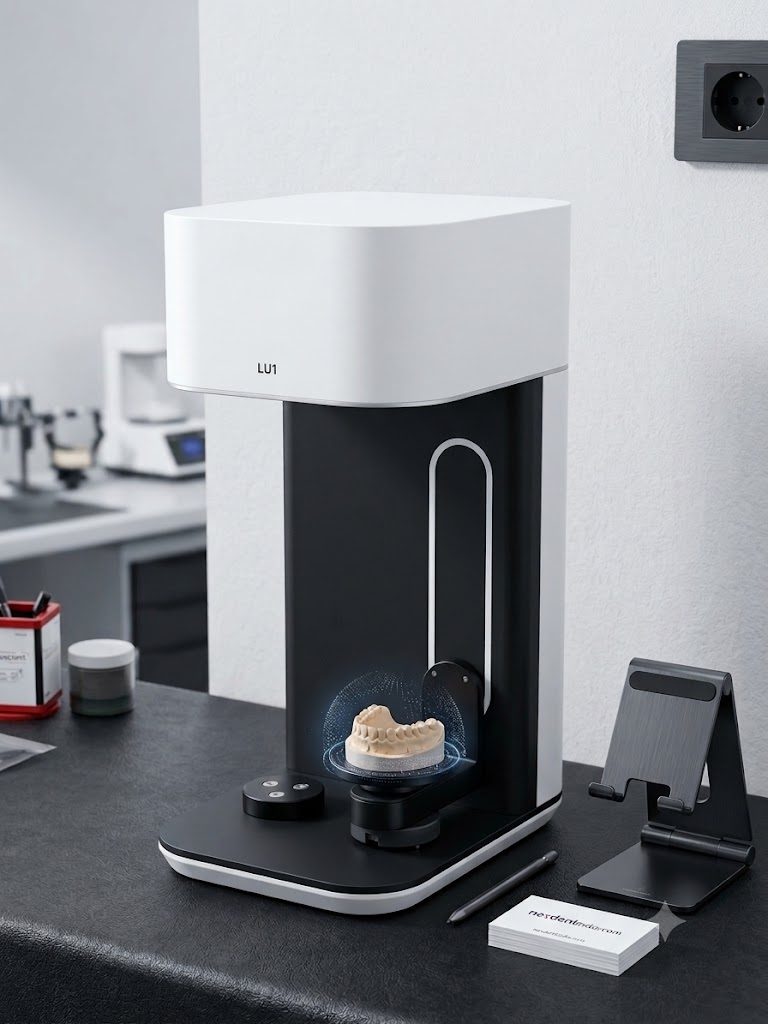 A plaster model on the turntable of the laboratory model scanner, being digitised
